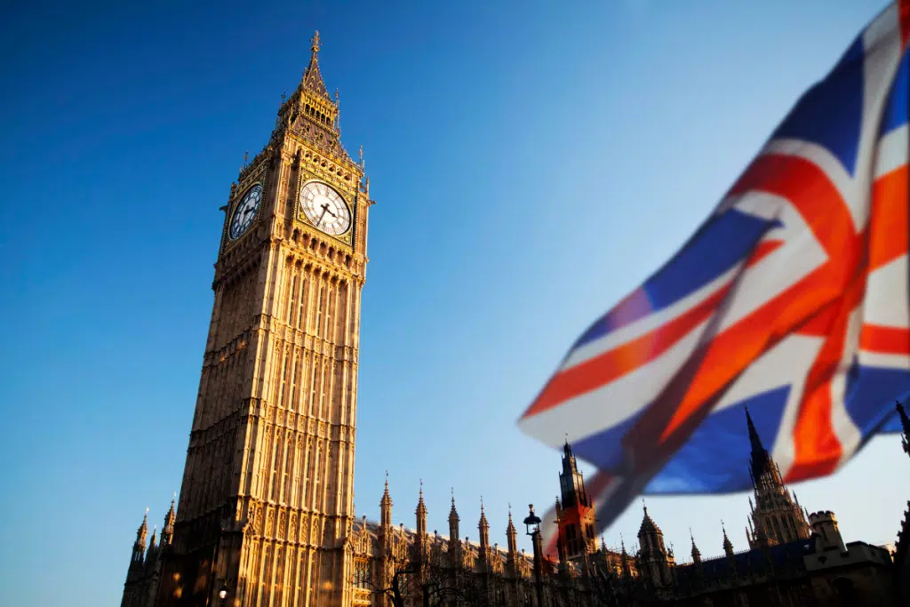 Big Ben and british flag waving