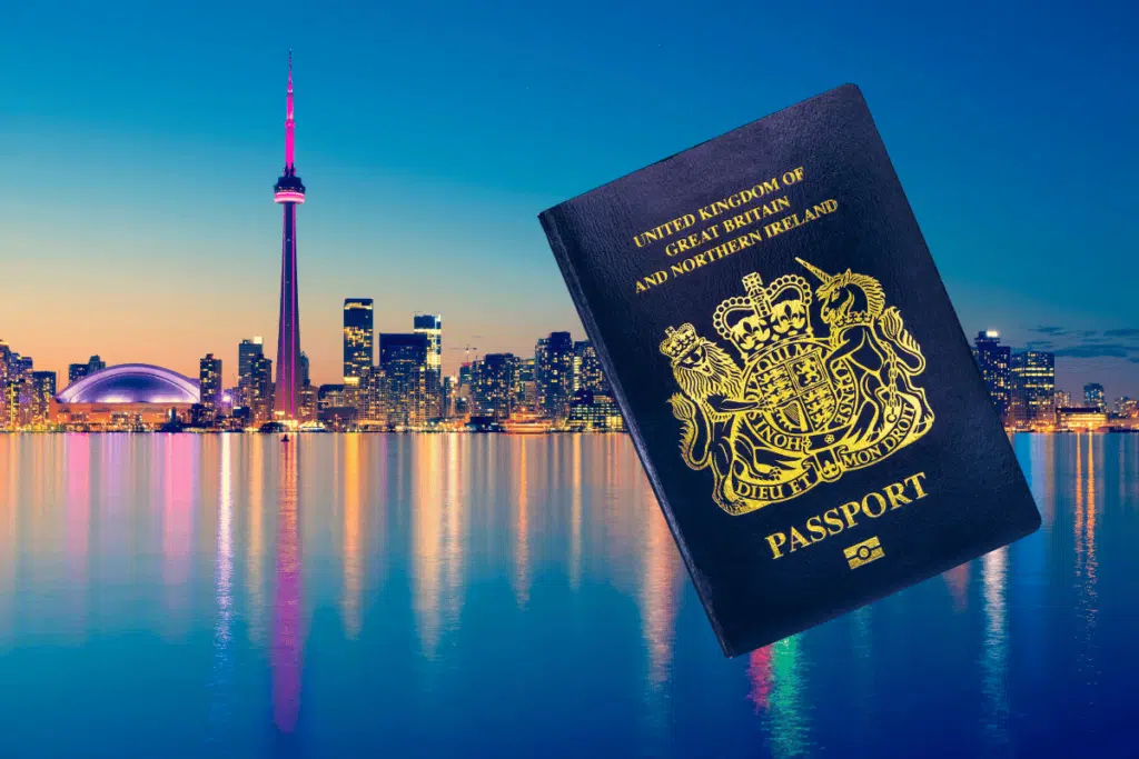 British passport in front of Ontario, Canada landscape