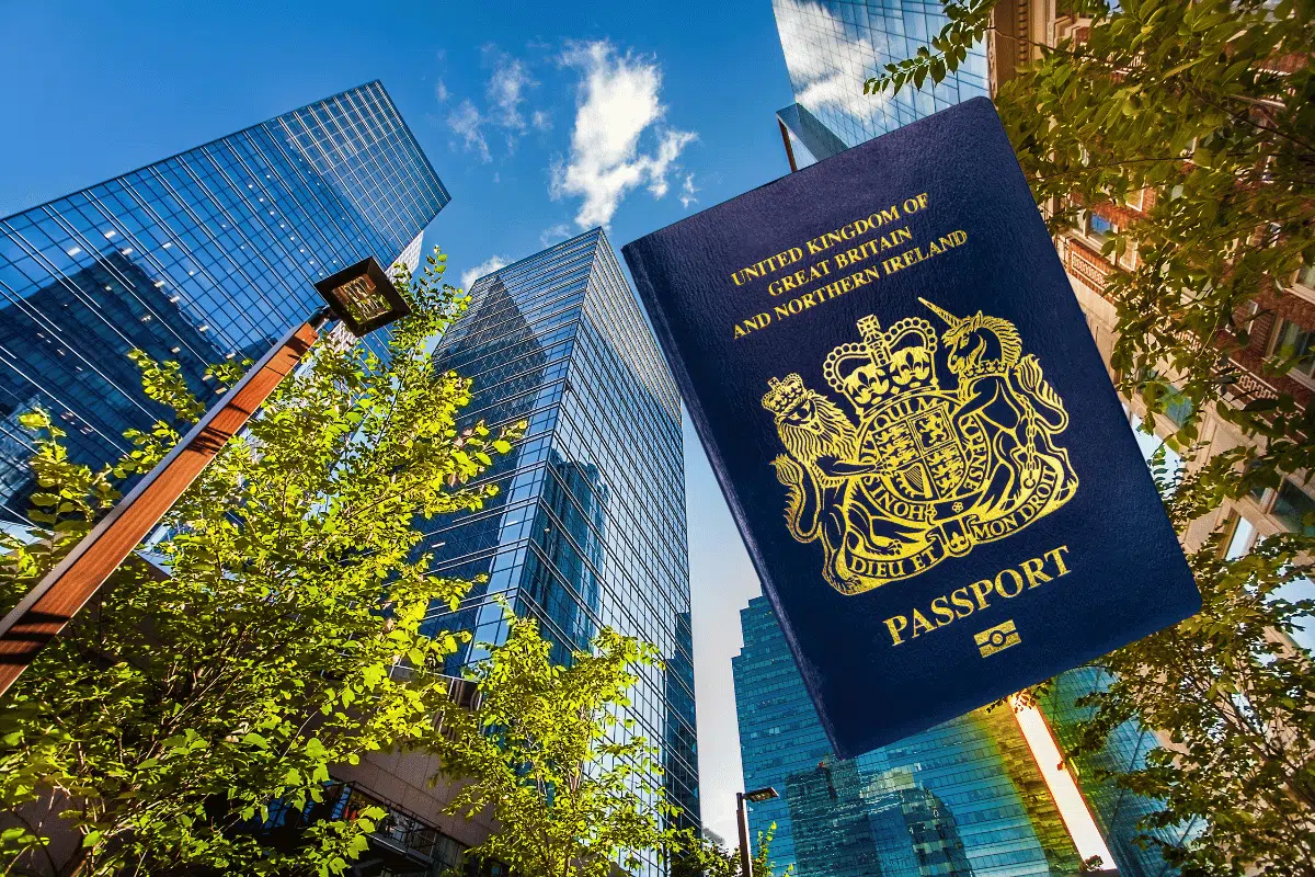 British passport in front of Alberta city scape