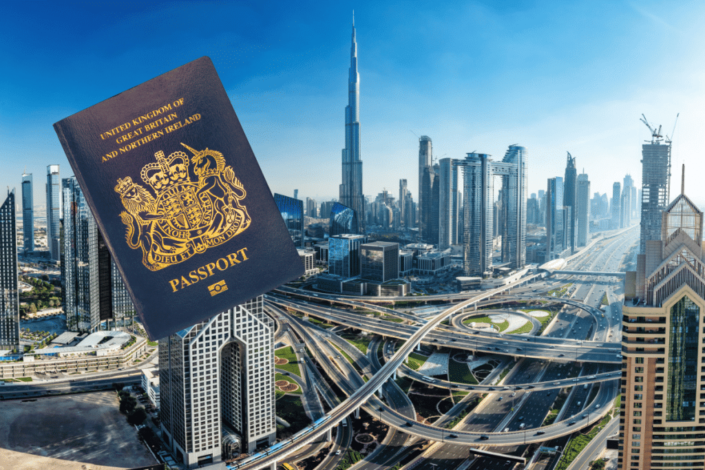 UK passport in front of UAE landscape