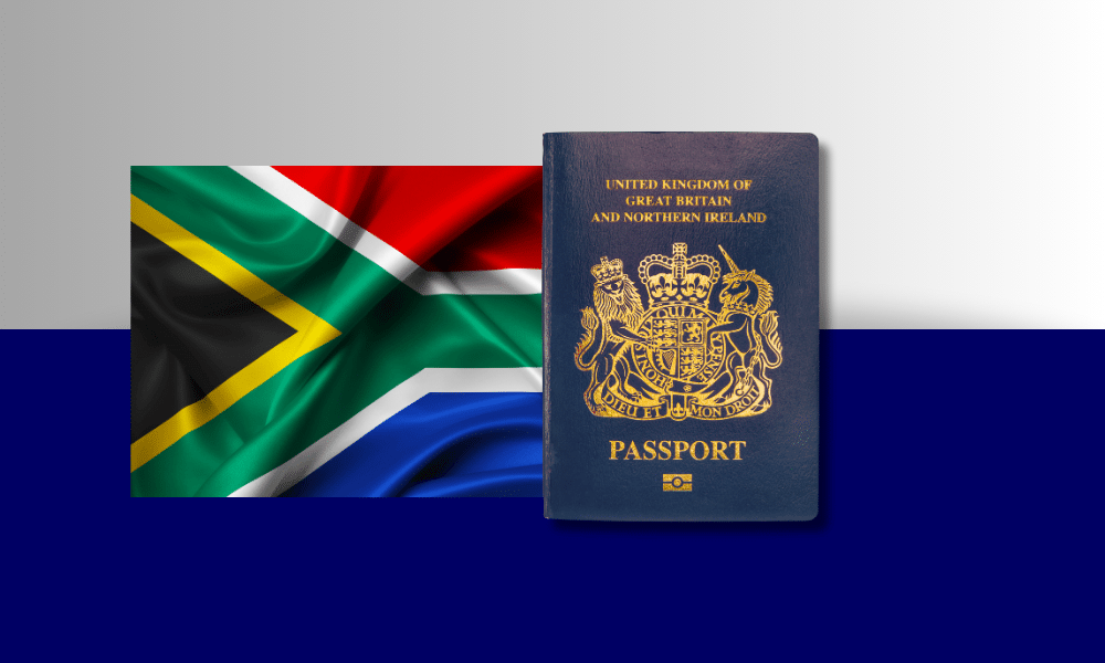 British passport in front of South African flag